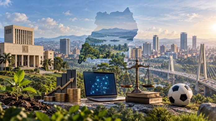 Editorial illustration representing Ugandan public affairs and national development